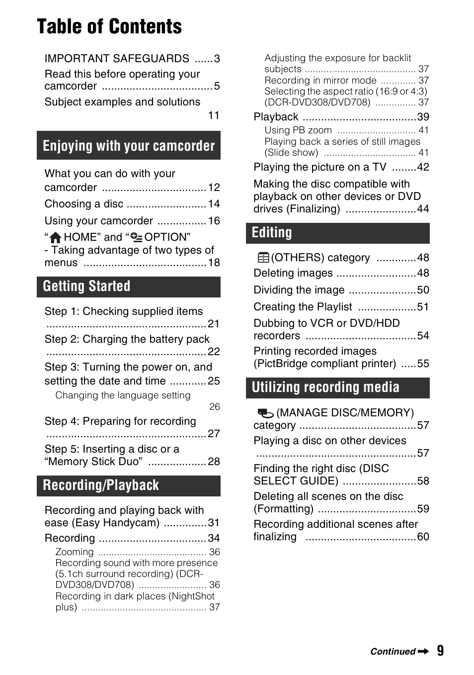 Sony DCR-DVD108BDL User Manual | Page 9 / 139