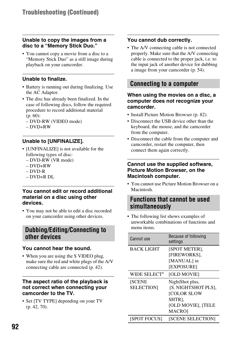 P. 92), Troubleshooting (continued) | Sony DCR-DVD108BDL User Manual | Page 92 / 139