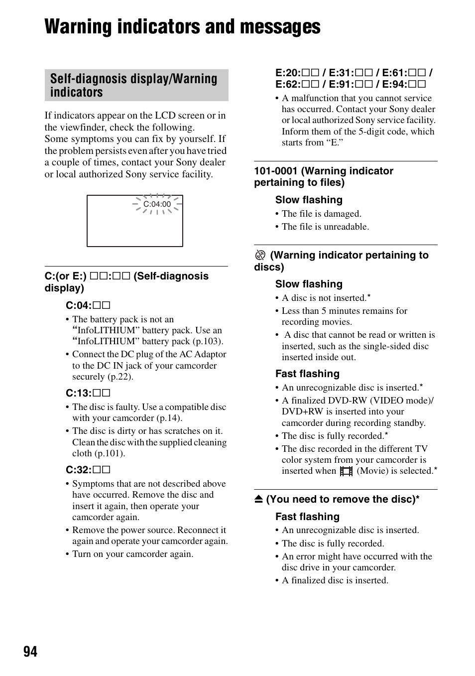 Warning indicators and messages, Self-diagnosis display/warning indicators | Sony DCR-DVD108BDL User Manual | Page 94 / 139