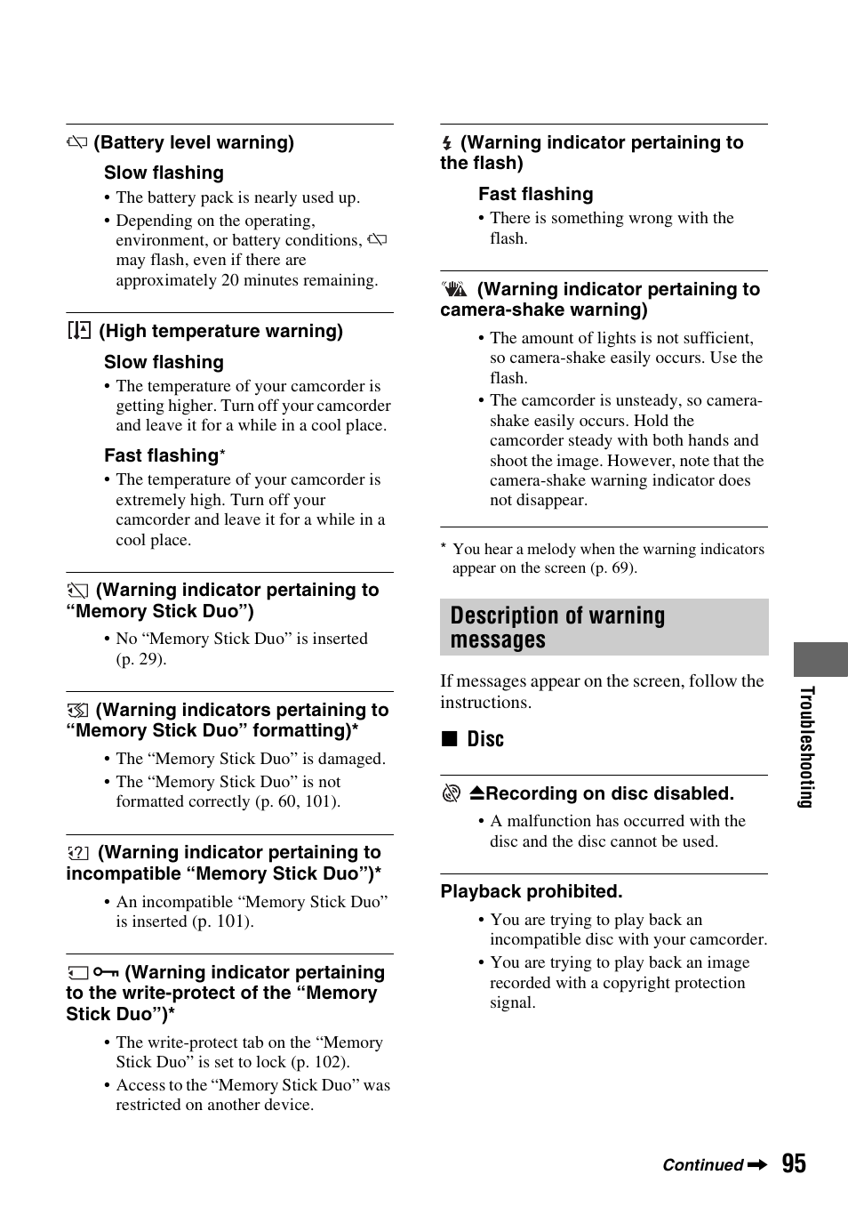 Description of warning messages | Sony DCR-DVD108BDL User Manual | Page 95 / 139