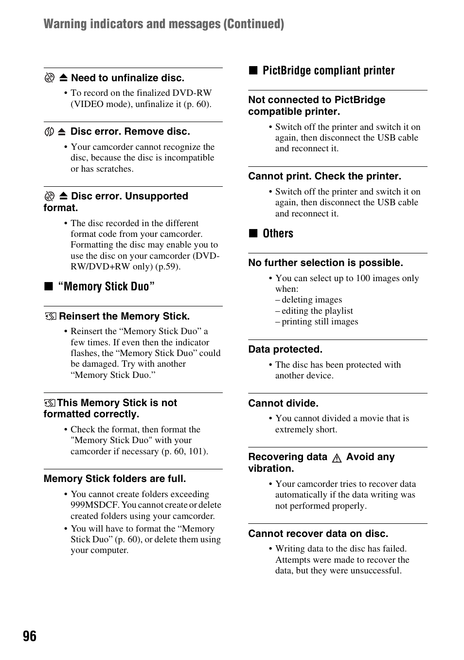 Warning indicators and messages (continued) | Sony DCR-DVD108BDL User Manual | Page 96 / 139