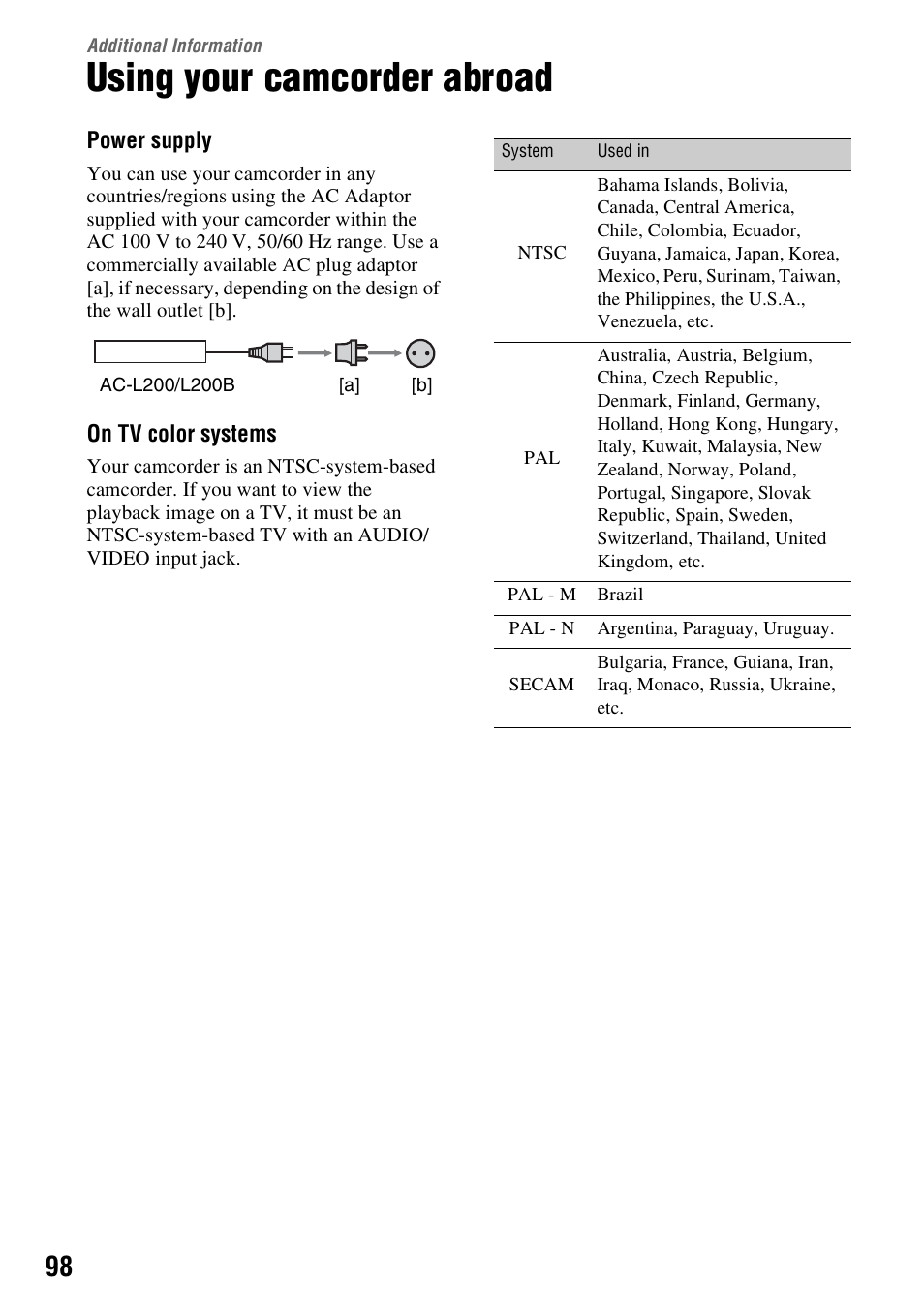 Additional information, Using your camcorder abroad, Additional | Information | Sony DCR-DVD108BDL User Manual | Page 98 / 139