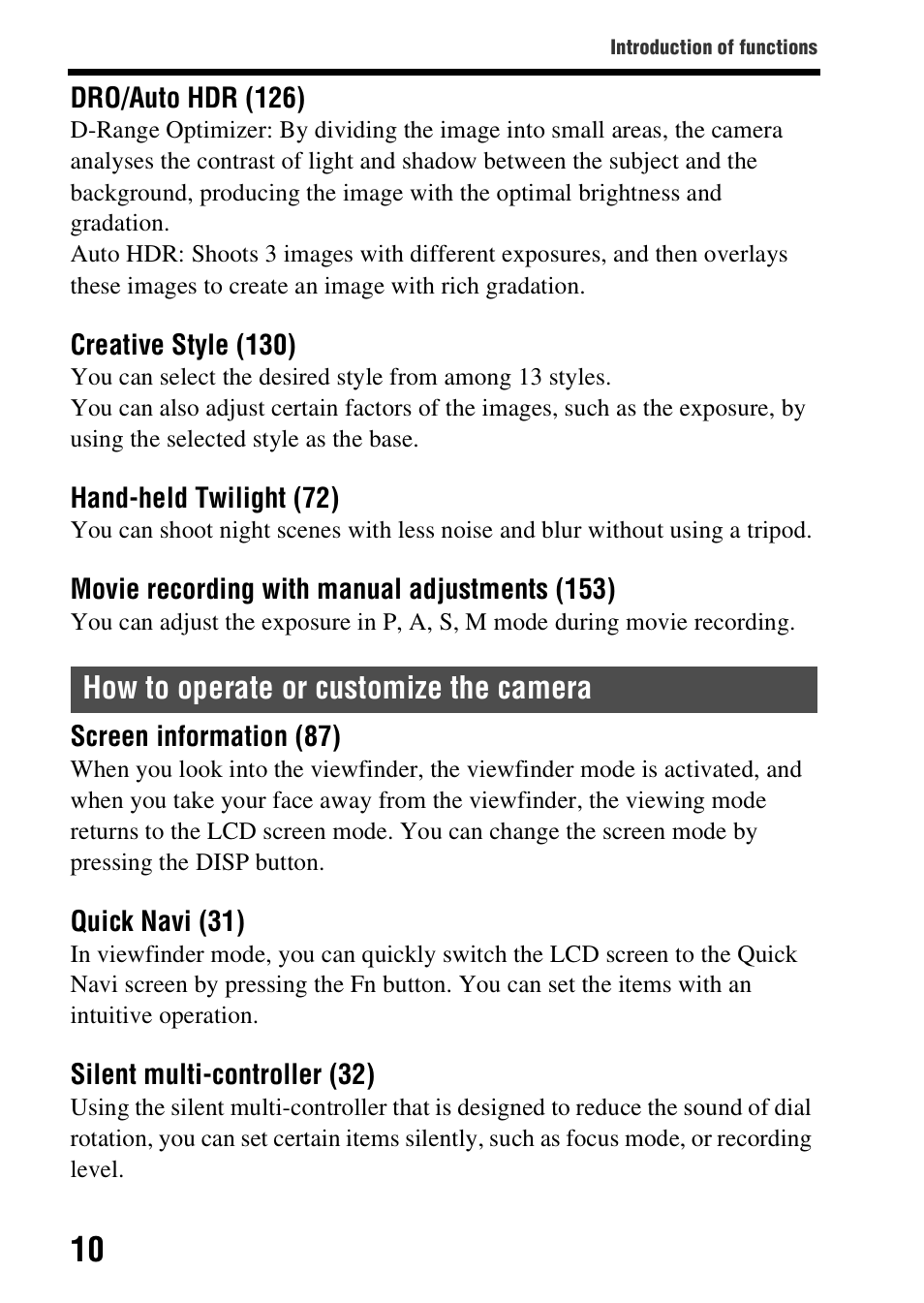 How to operate or customize the camera | Sony SLT-A99V User Manual | Page 10 / 245