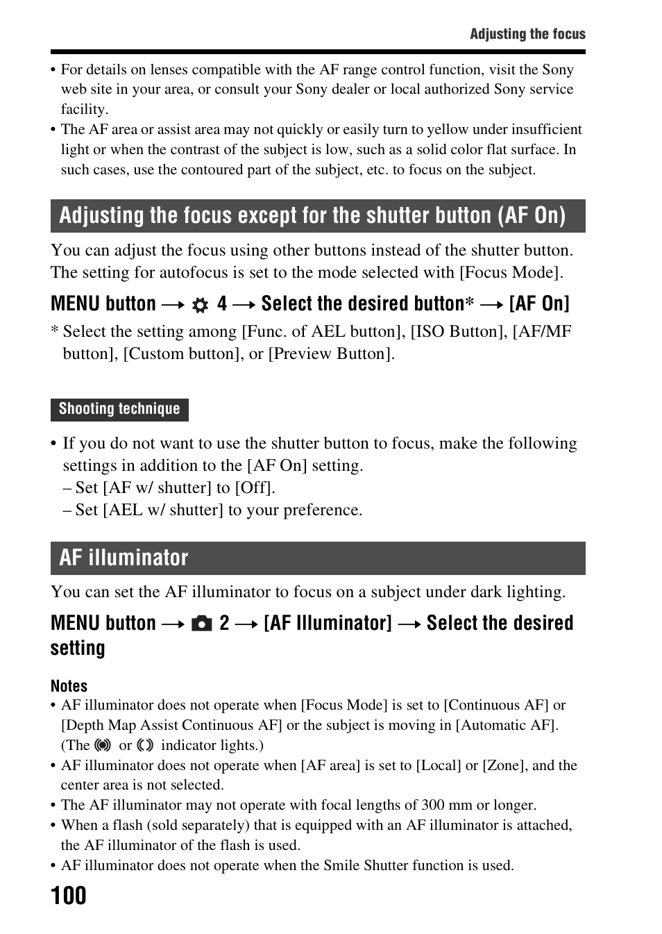 Af illuminator | Sony SLT-A99V User Manual | Page 100 / 245