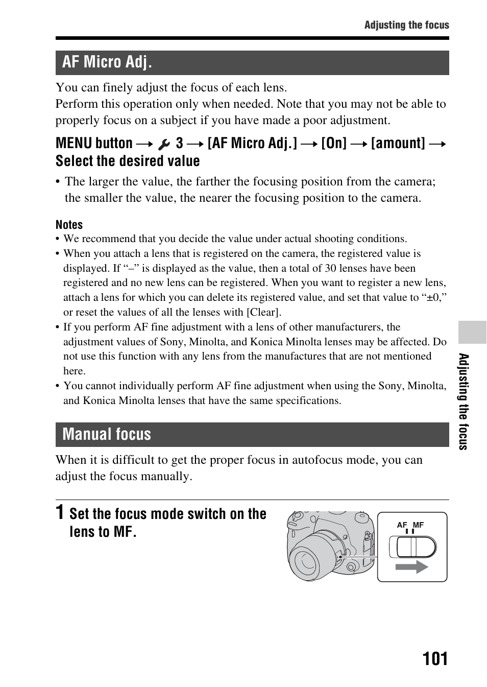 Af micro adj, Manual focus, Af micro adj manual focus | Af micro adj. manual focus | Sony SLT-A99V User Manual | Page 101 / 245