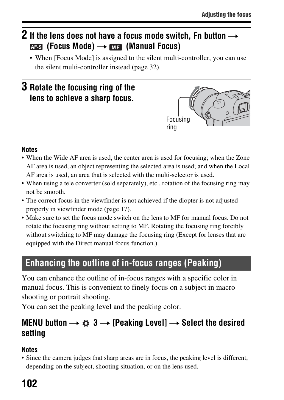 Enhancing the outline of in-focus ranges (peaking), L (102) | Sony SLT-A99V User Manual | Page 102 / 245