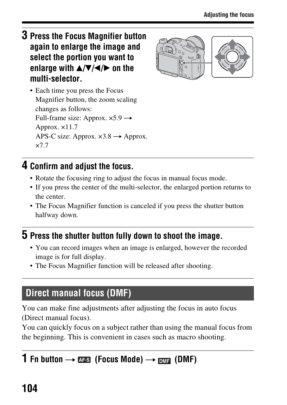Direct manual focus (dmf) | Sony SLT-A99V User Manual | Page 104 / 245
