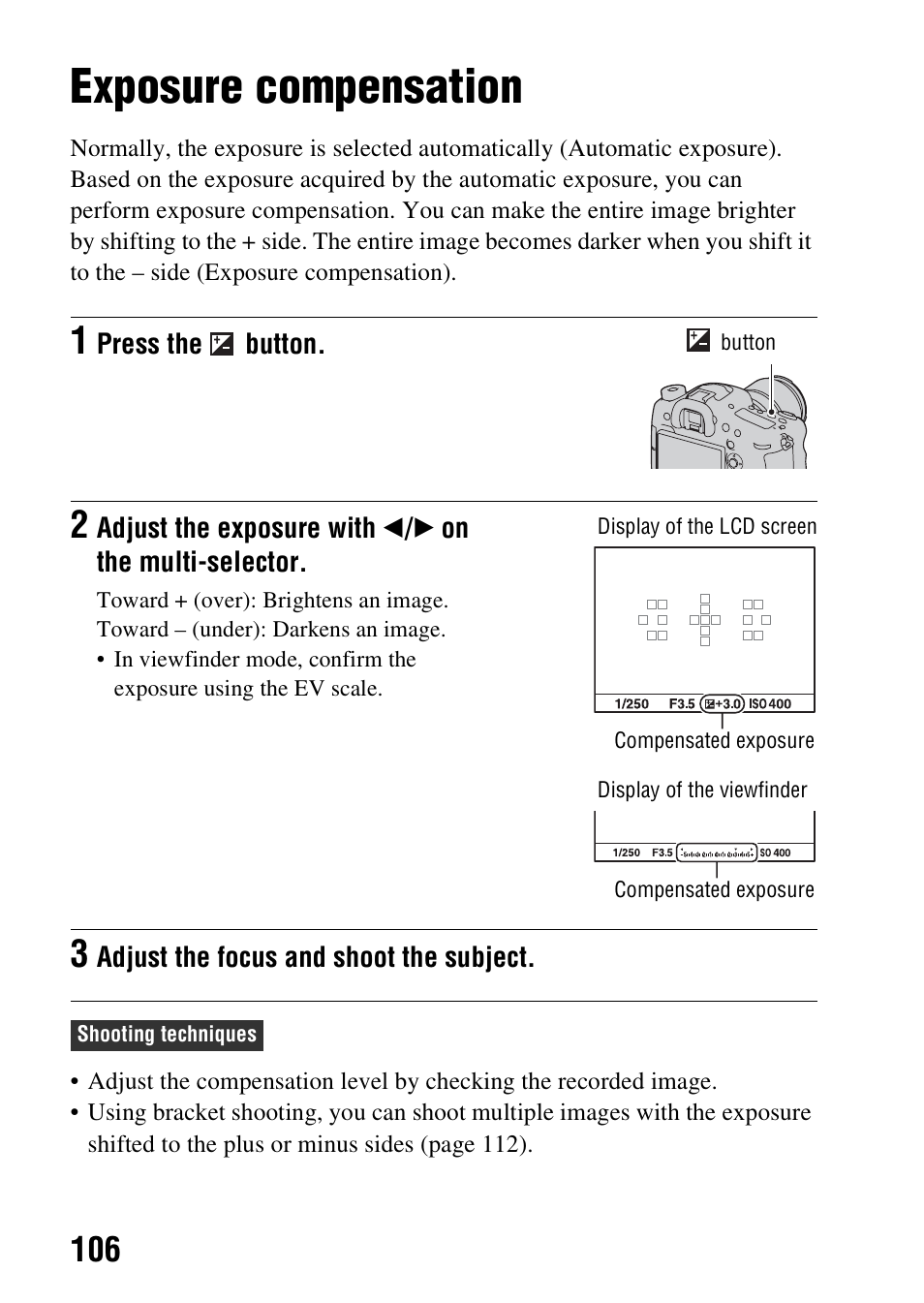 Adjusting the brightness of the image, Exposure compensation, 106)/f | Sony SLT-A99V User Manual | Page 106 / 245