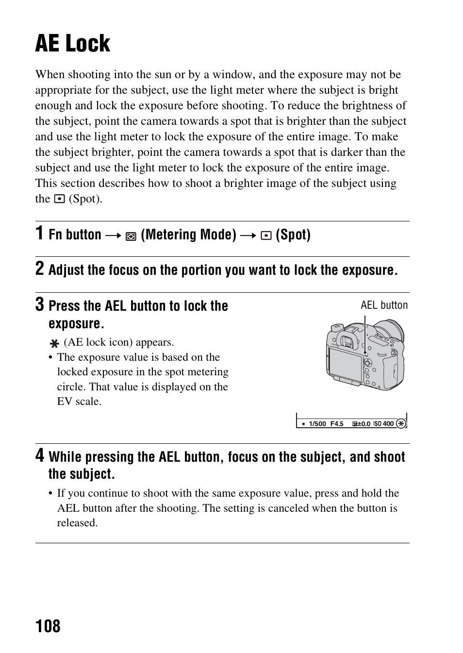 Ae lock, Lock (108), 108)/f | El button (108)/s | Sony SLT-A99V User Manual | Page 108 / 245