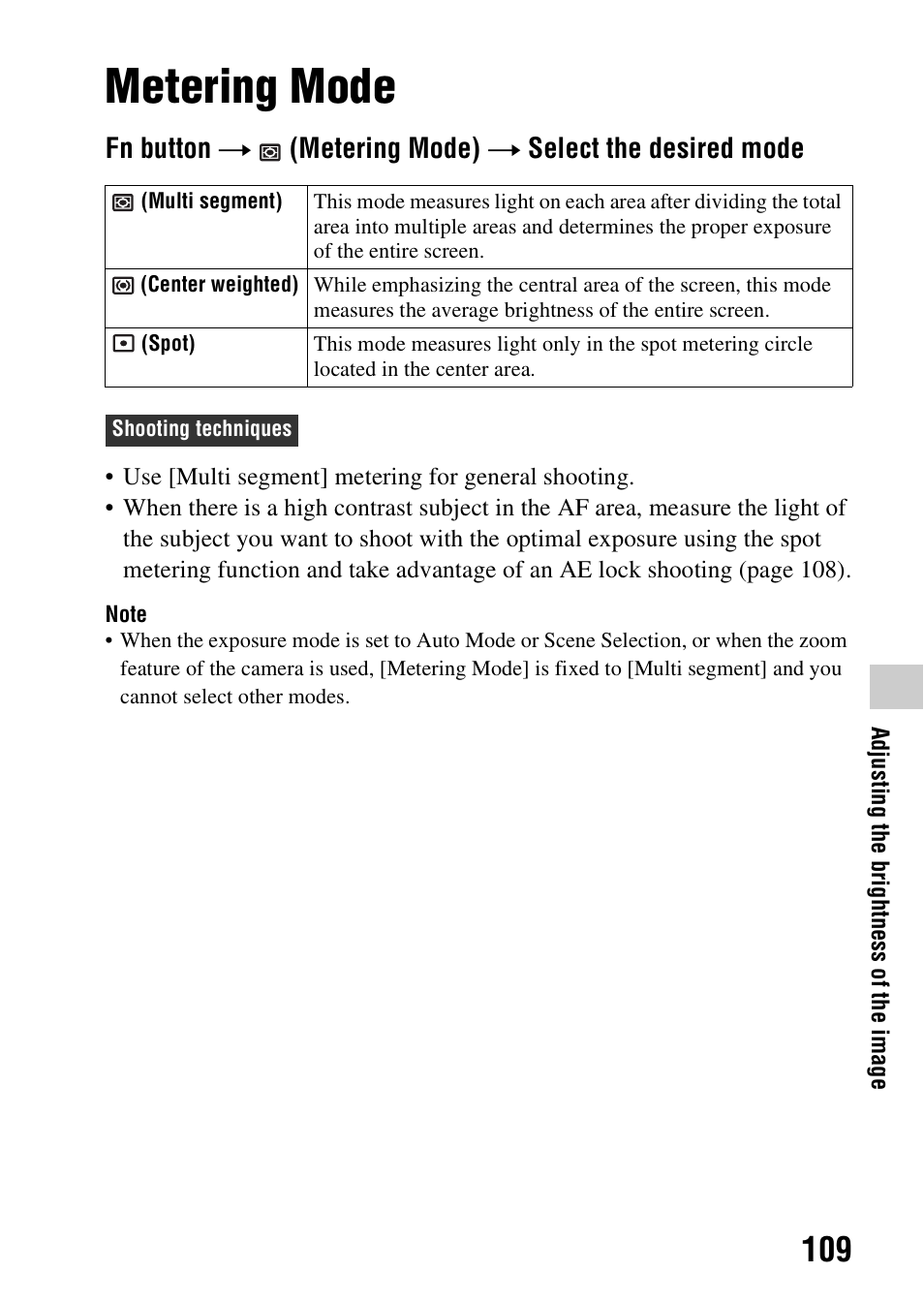 Metering mode, E (109) | Sony SLT-A99V User Manual | Page 109 / 245