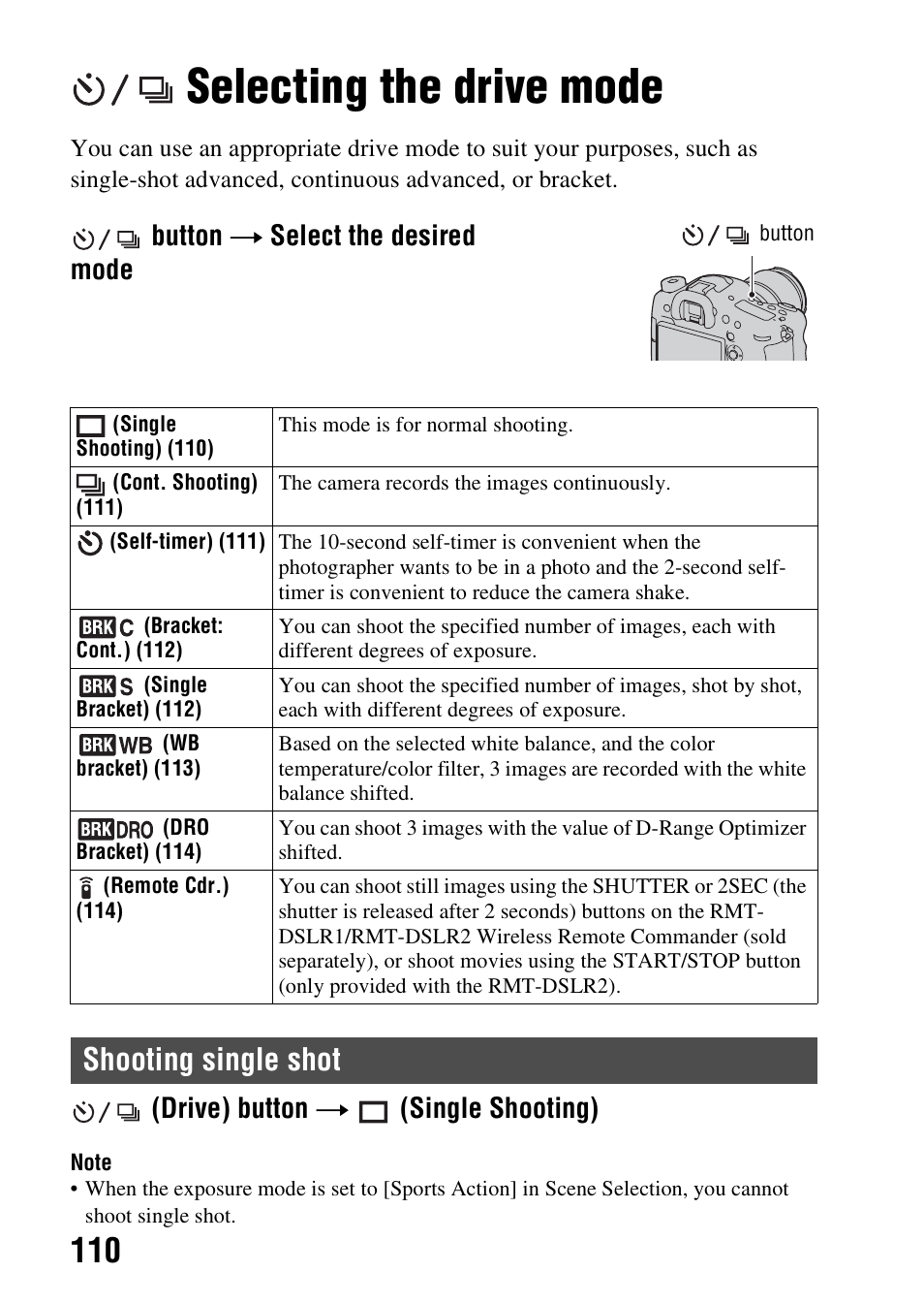 Using the drive mode, Selecting the drive mode, Shooting single shot | De (110), E mode (110), Ive mode (110), Drive) button t (single shooting), Button t select the desired mode | Sony SLT-A99V User Manual | Page 110 / 245