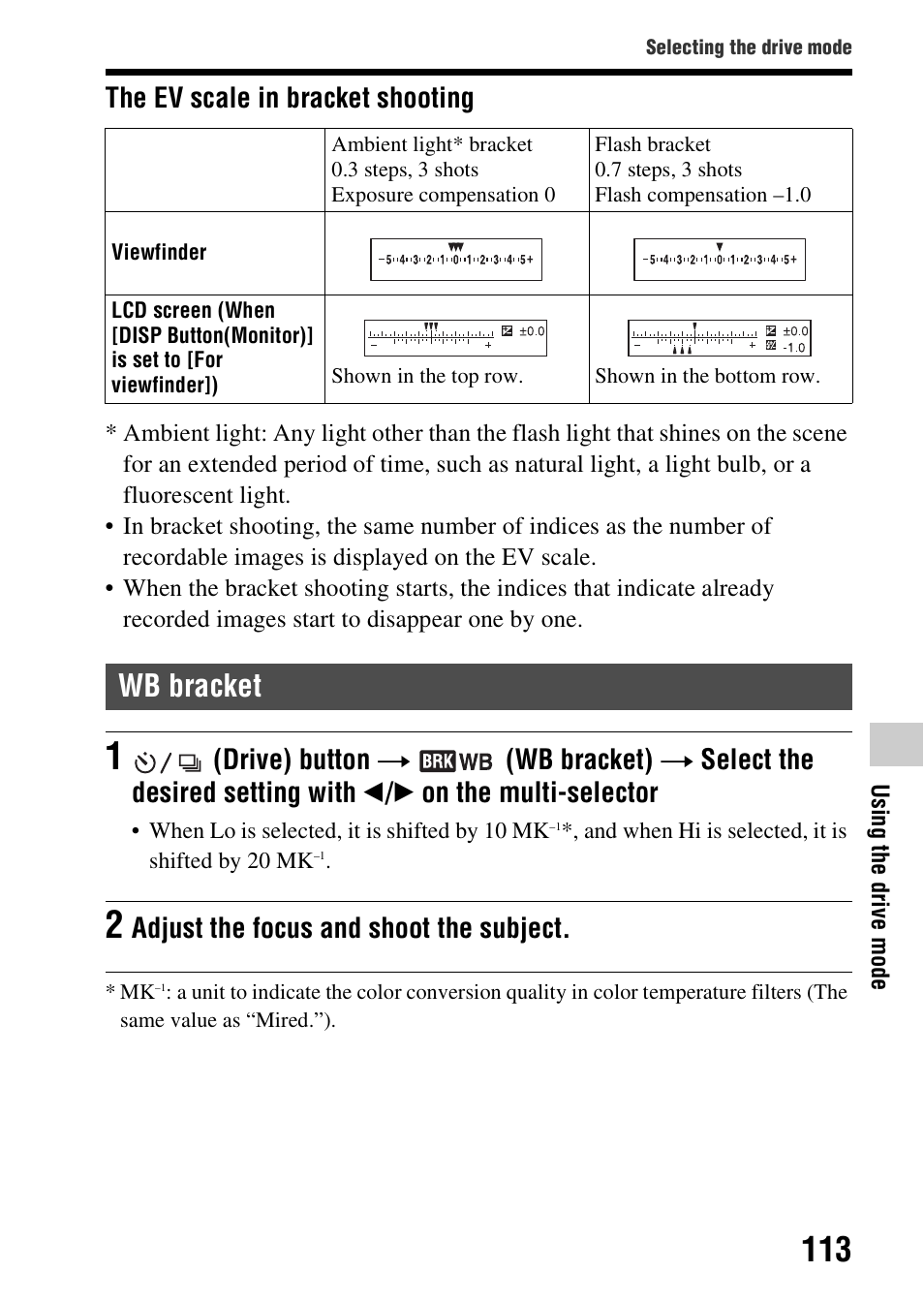 Wb bracket, The ev scale in bracket shooting, Adjust the focus and shoot the subject | Sony SLT-A99V User Manual | Page 113 / 245