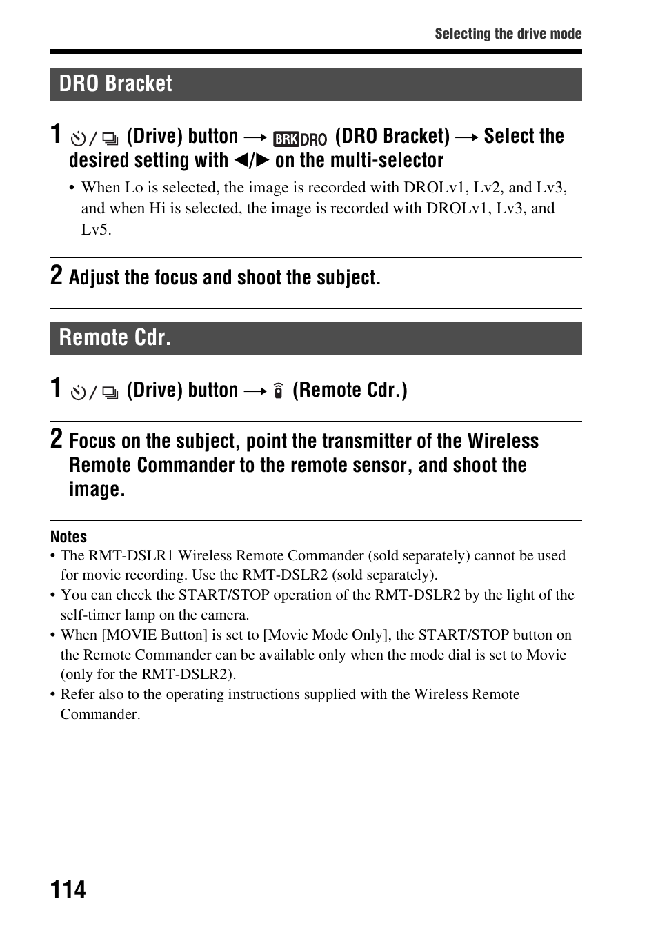 Dro bracket, Remote cdr, Dro bracket remote cdr | Sony SLT-A99V User Manual | Page 114 / 245