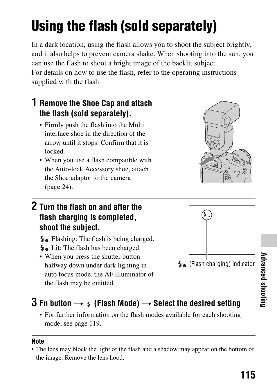Advanced shooting, Using the flash (sold separately), H mode (115) | Sony SLT-A99V User Manual | Page 115 / 245