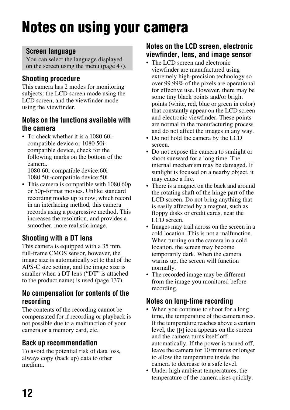 Before use, Notes on using your camera | Sony SLT-A99V User Manual | Page 12 / 245