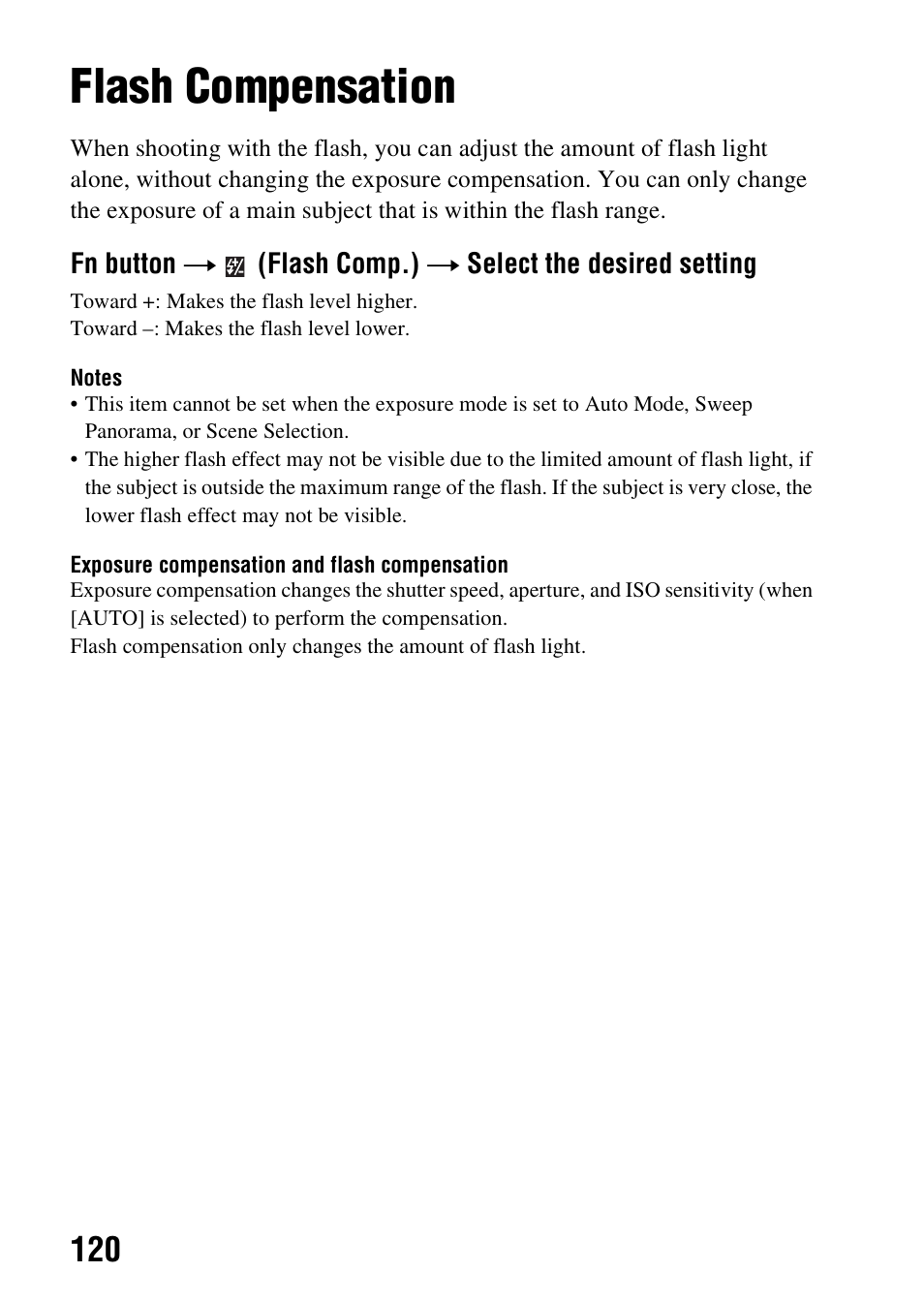 Flash compensation, On (120) | Sony SLT-A99V User Manual | Page 120 / 245