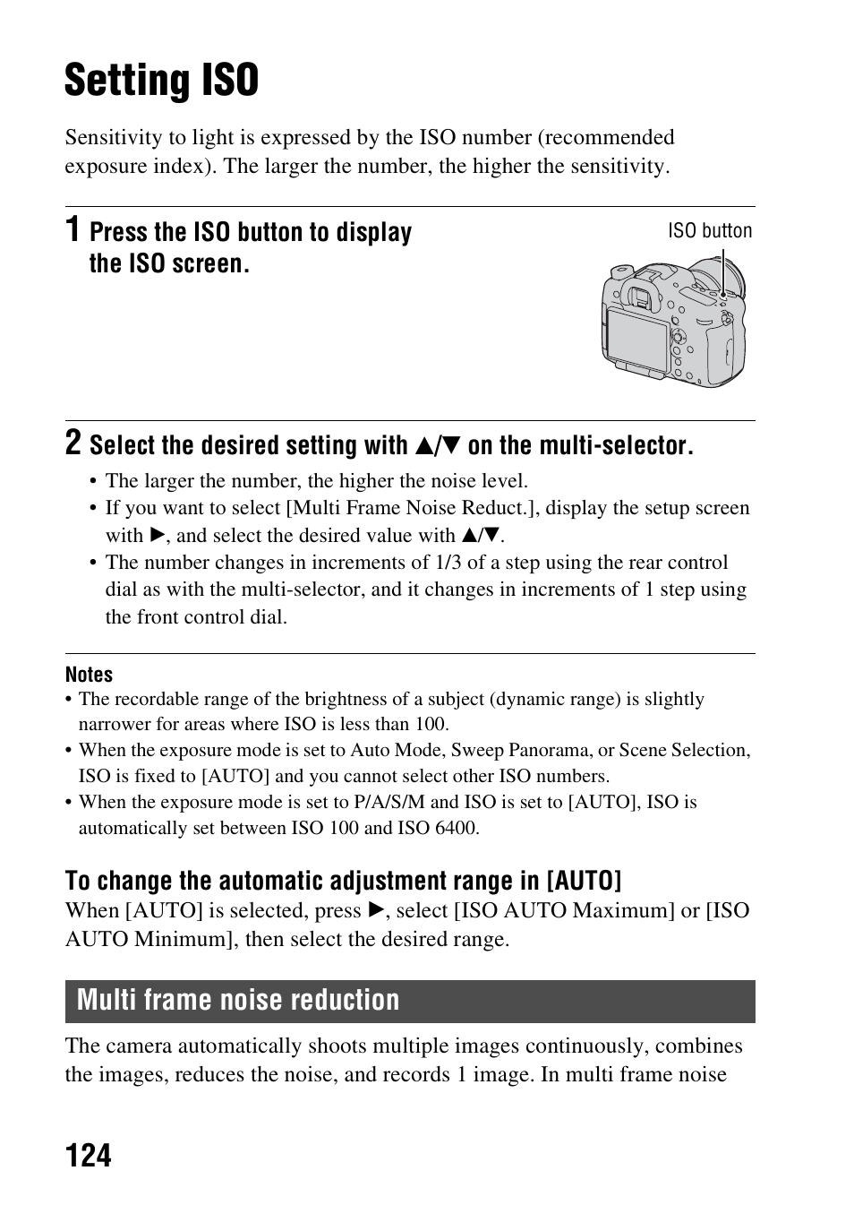 Setting iso, Multi frame noise reduction, 124)/m | N (124), Y (124), Ton (124) | Sony SLT-A99V User Manual | Page 124 / 245