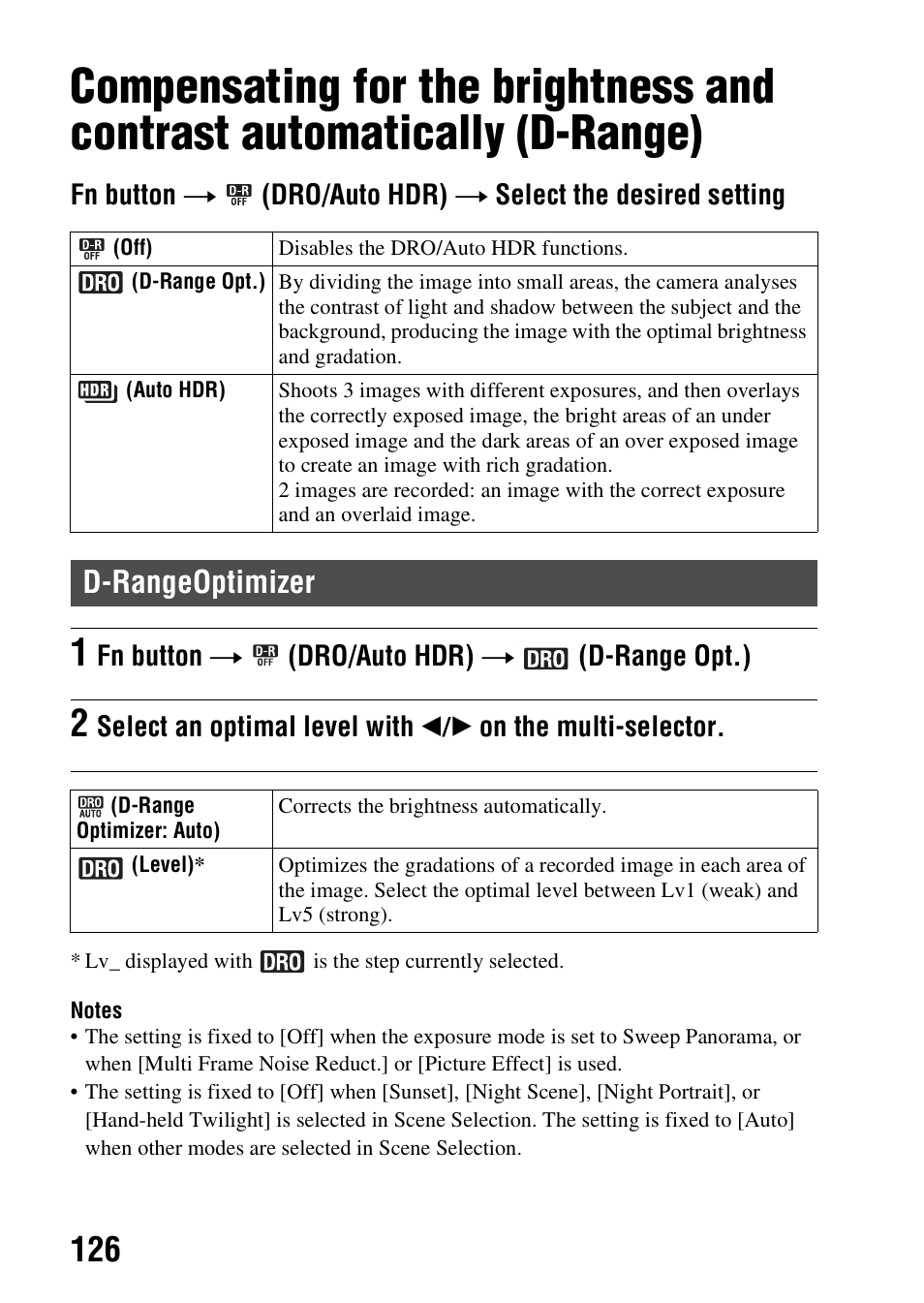 D-rangeoptimizer, D-range), R (126) | 126)/aut | Sony SLT-A99V User Manual | Page 126 / 245