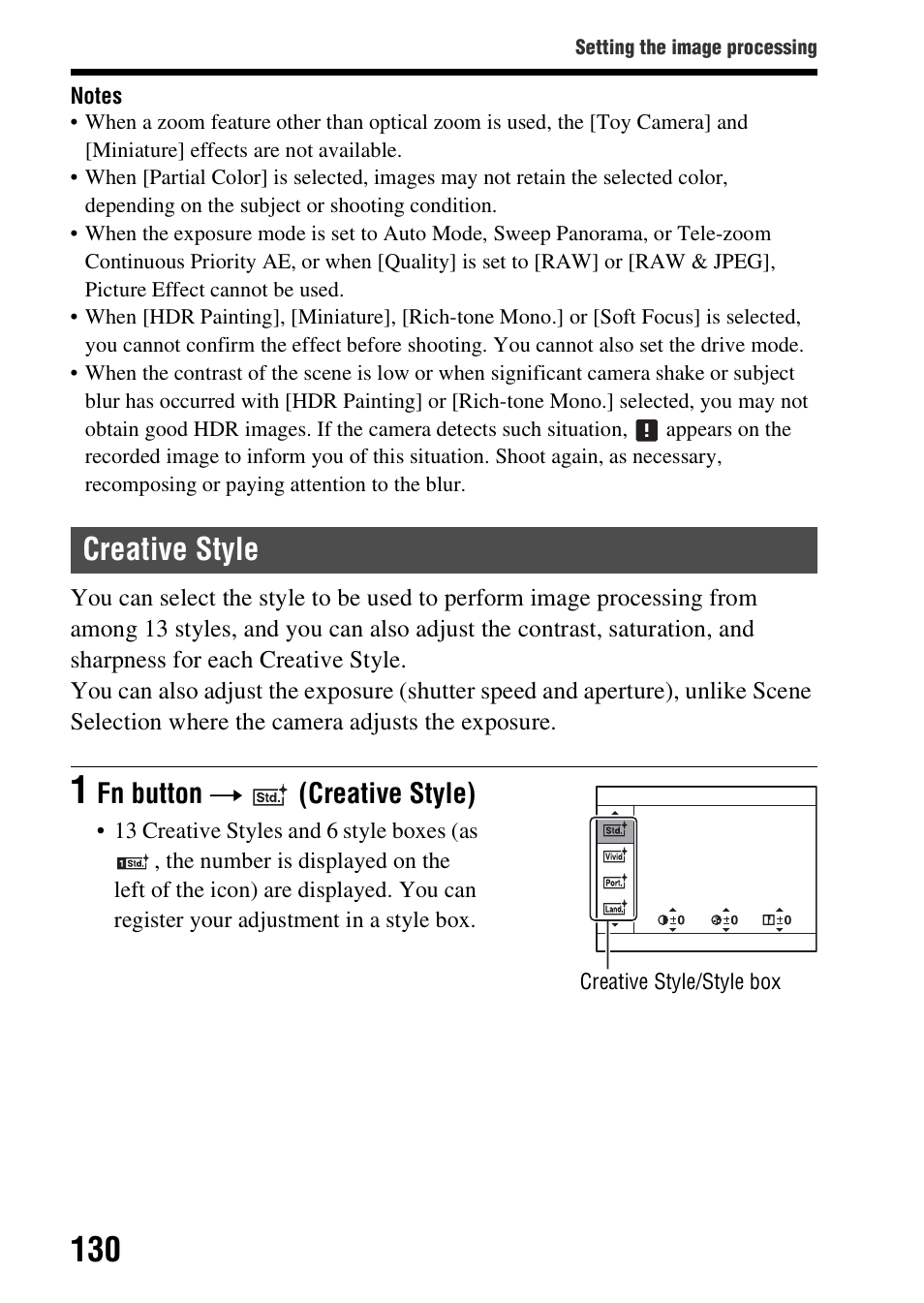 Creative style, E (130), Fn button t | Creative style) | Sony SLT-A99V User Manual | Page 130 / 245
