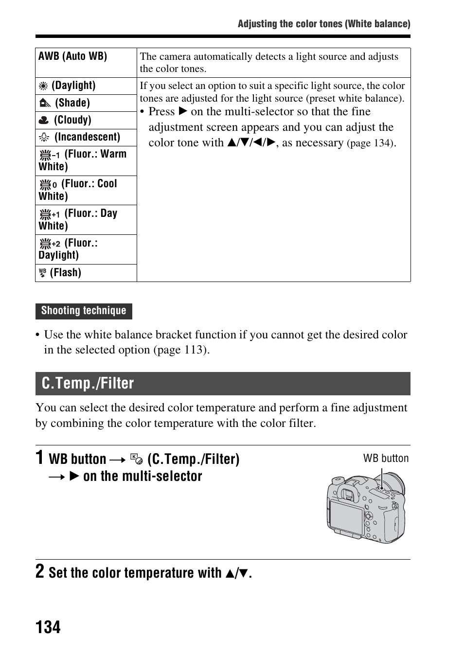 C.temp./filter, Set the color temperature with | Sony SLT-A99V User Manual | Page 134 / 245