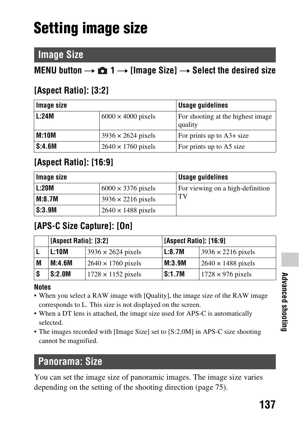 Setting image size, Image size, Panorama: size | Image size panorama: size | Sony SLT-A99V User Manual | Page 137 / 245