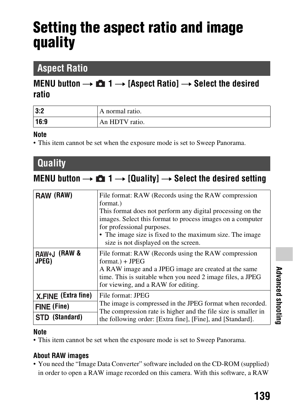 Setting the aspect ratio and image quality, Aspect ratio, Quality | Aspect ratio quality, Atio (139) | Sony SLT-A99V User Manual | Page 139 / 245