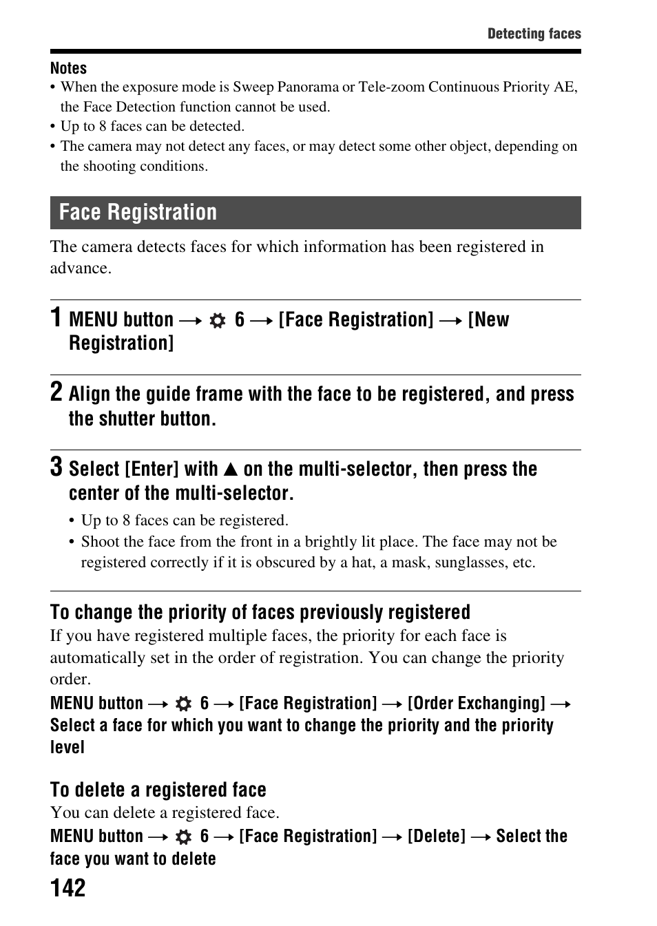 Face registration | Sony SLT-A99V User Manual | Page 142 / 245