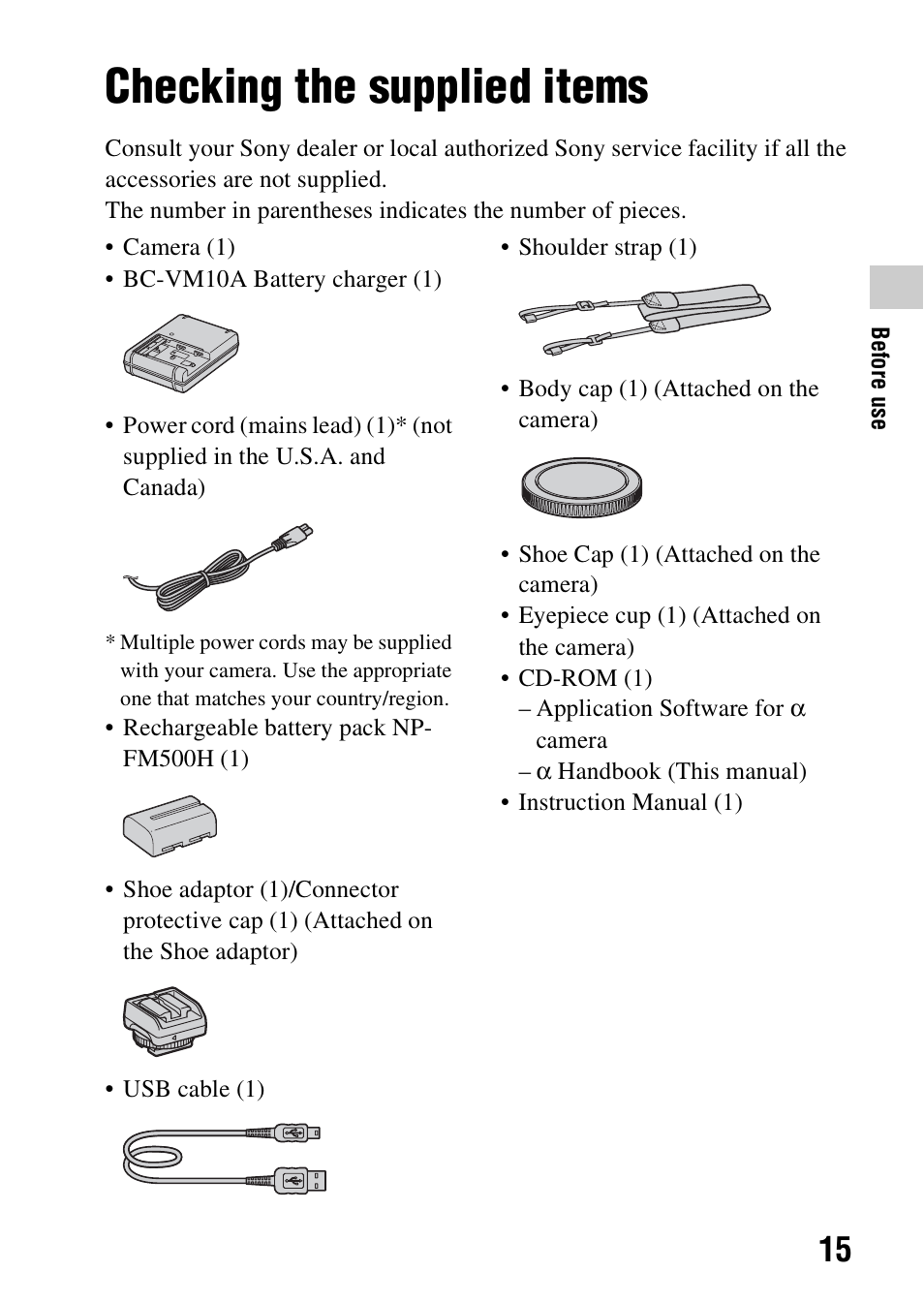 Checking the supplied items, Before use | Sony SLT-A99V User Manual | Page 15 / 245