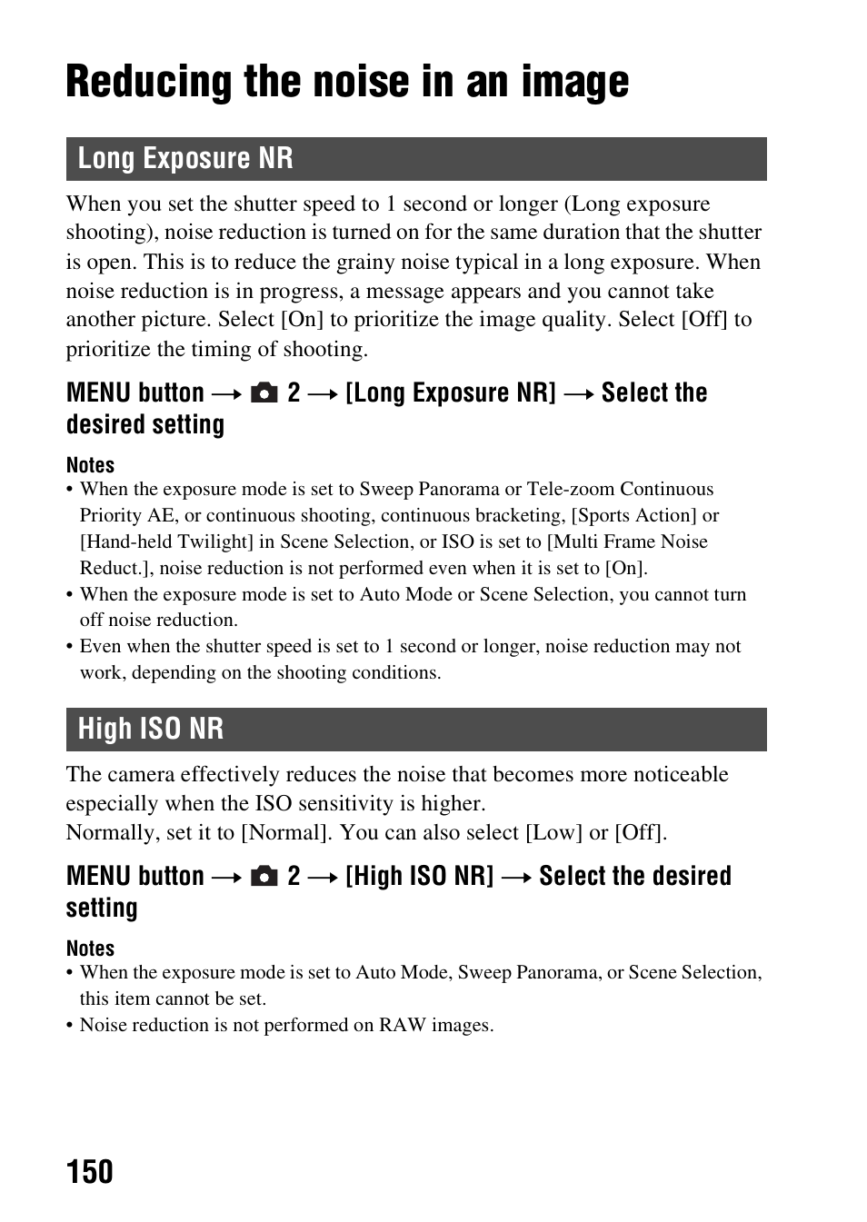 Reducing the noise in an image, Long exposure nr, High iso nr | Long exposure nr high iso nr | Sony SLT-A99V User Manual | Page 150 / 245