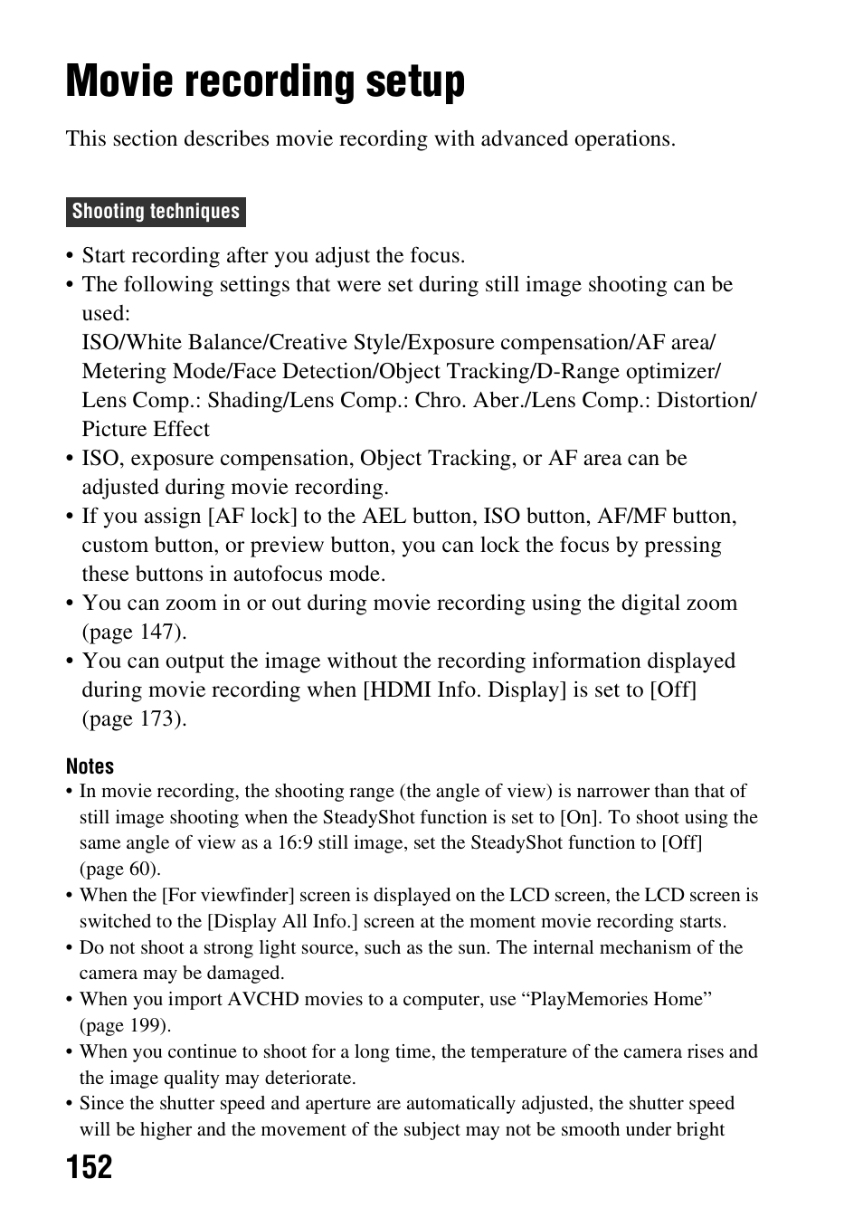 Movie recording setup | Sony SLT-A99V User Manual | Page 152 / 245