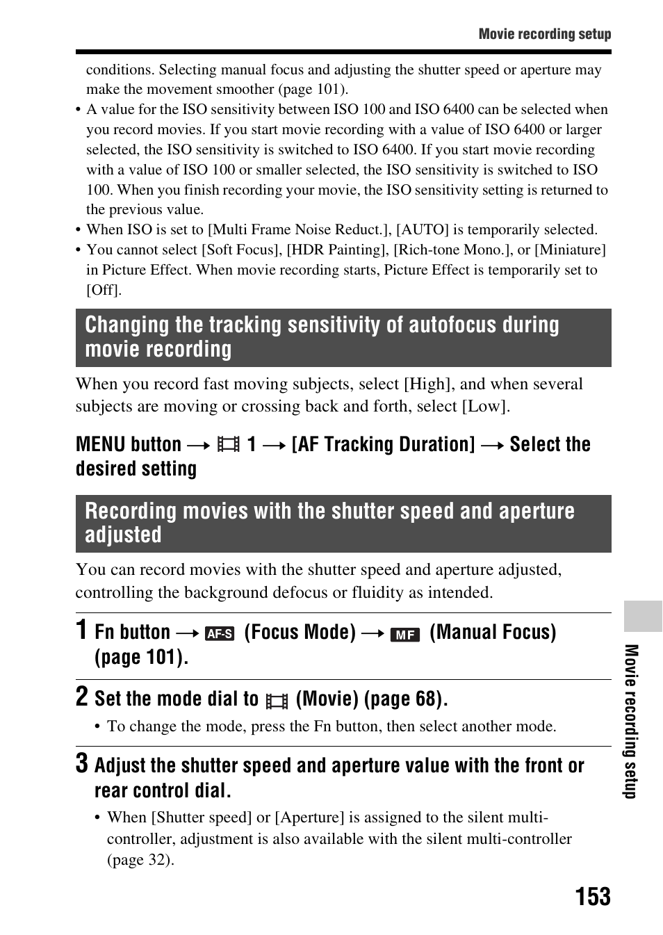 Movie recording, Adjusted, Movie (153) | Sony SLT-A99V User Manual | Page 153 / 245