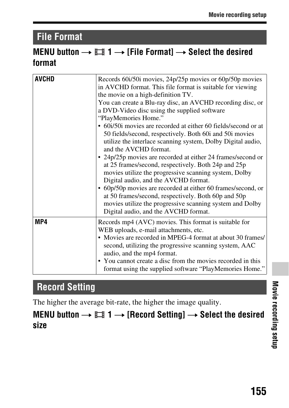 File format, Record setting, File format record setting | Ing (155) | Sony SLT-A99V User Manual | Page 155 / 245