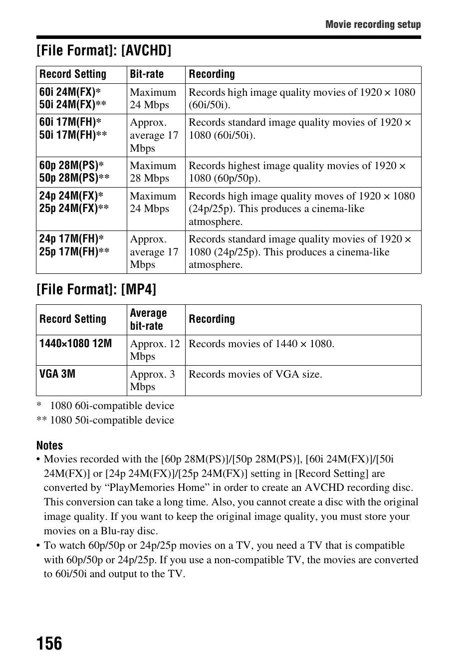 File format]: [avchd] [file format]: [mp4 | Sony SLT-A99V User Manual | Page 156 / 245