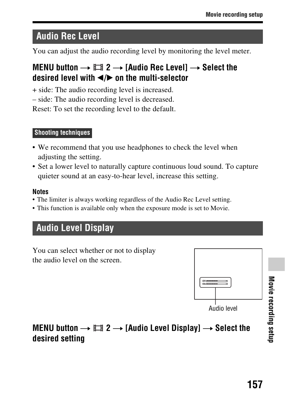 Audio rec level, Audio level display, Audio rec level audio level display | Udio level (157) | Sony SLT-A99V User Manual | Page 157 / 245