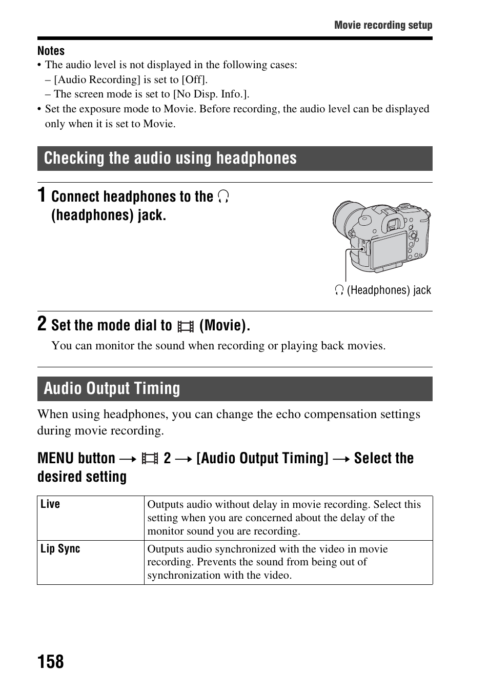 Checking the audio using headphones, Audio output timing | Sony SLT-A99V User Manual | Page 158 / 245