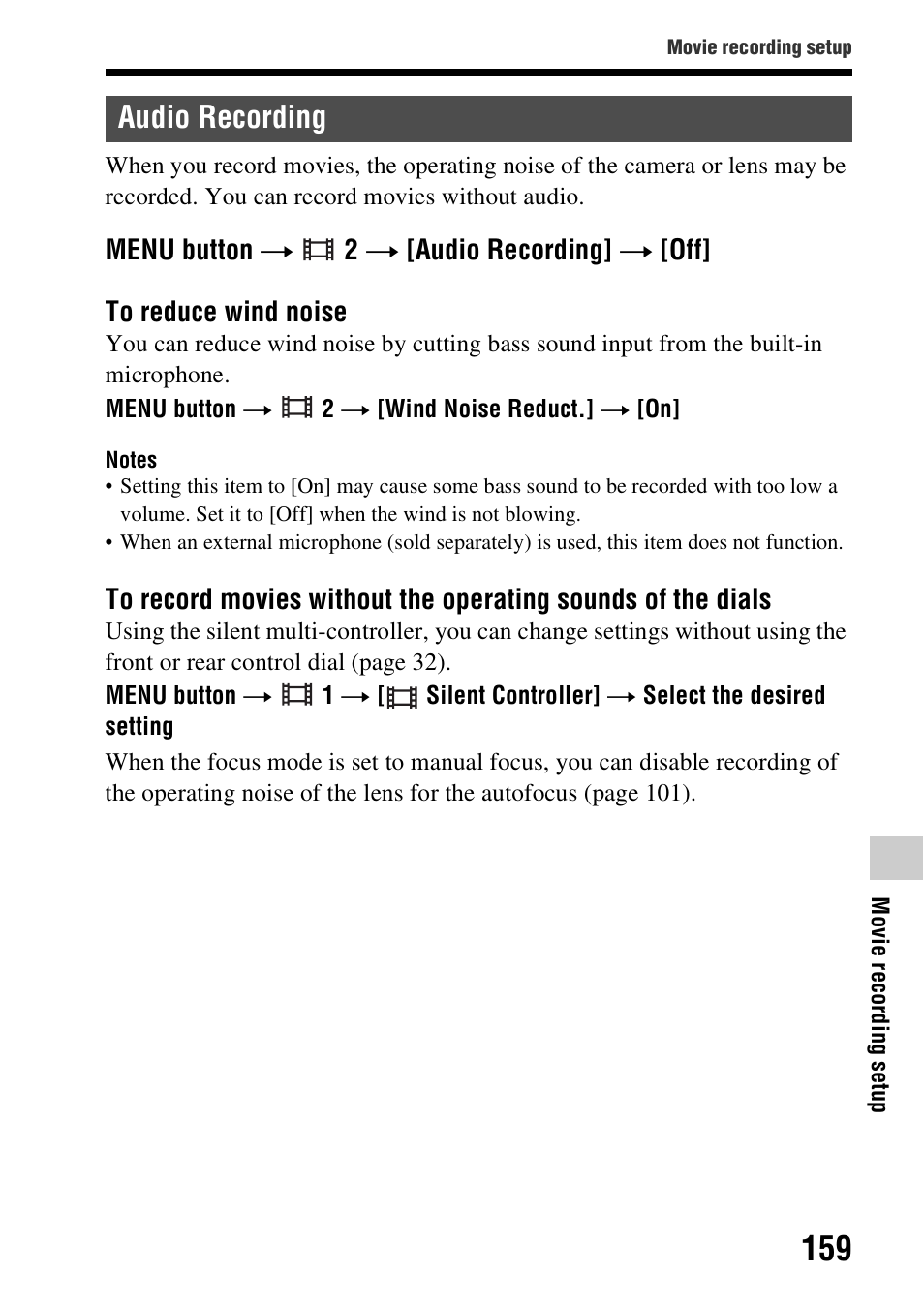 Audio recording | Sony SLT-A99V User Manual | Page 159 / 245