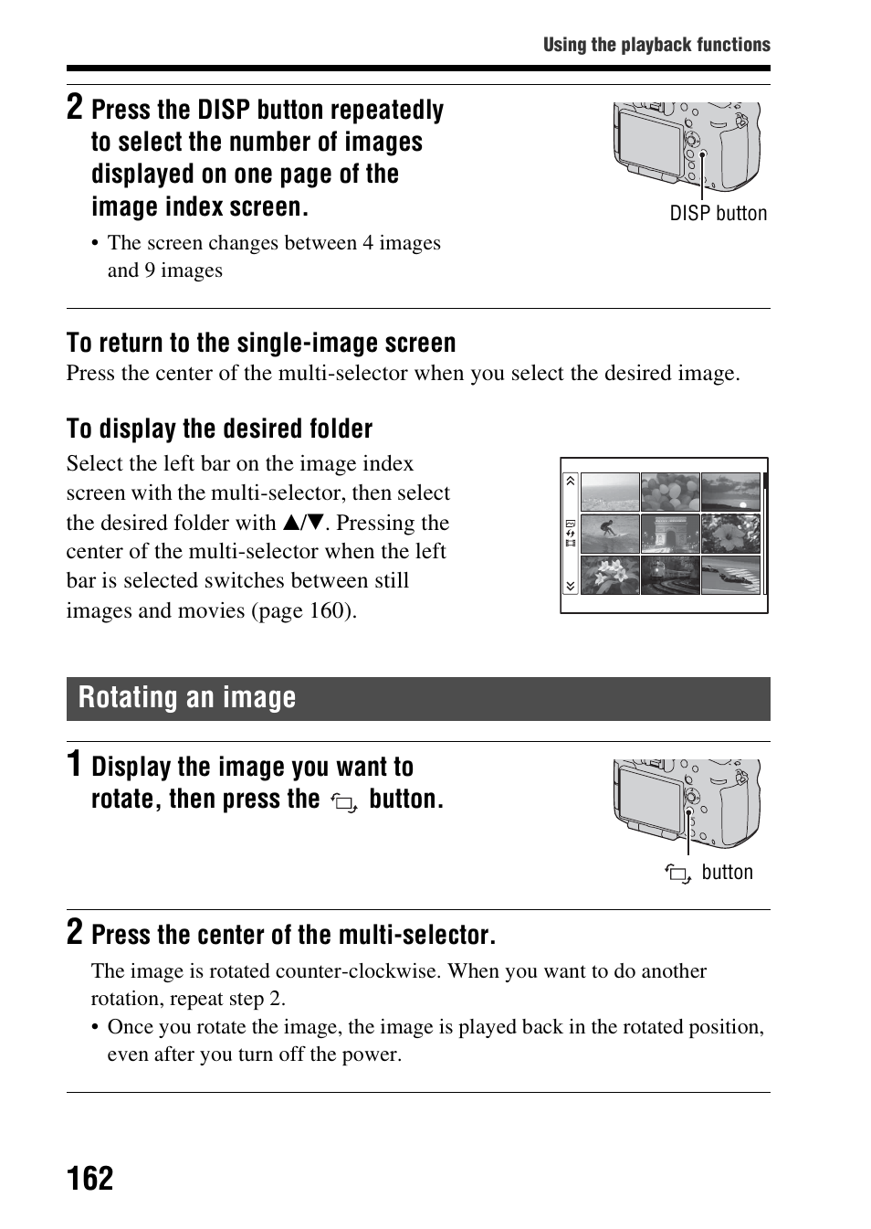 Rotating an image, On (162), Utton (162) | Sony SLT-A99V User Manual | Page 162 / 245