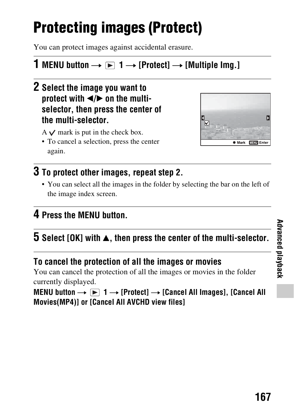 Protecting images (protect), T (167) | Sony SLT-A99V User Manual | Page 167 / 245