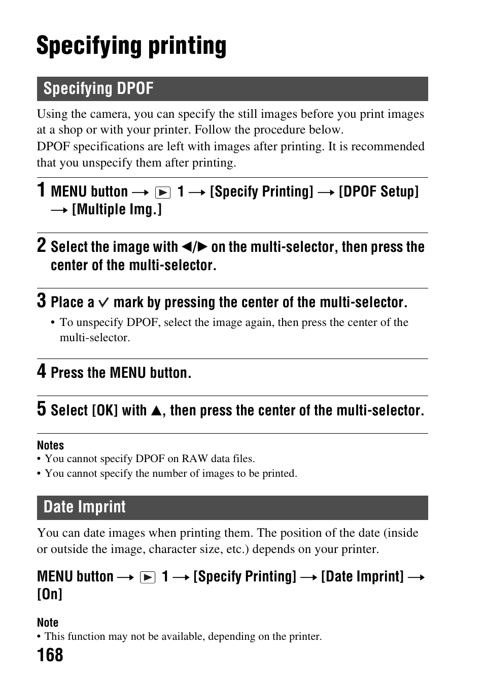 Specifying printing, Specifying dpof, Date imprint | Specifying dpof date imprint | Sony SLT-A99V User Manual | Page 168 / 245