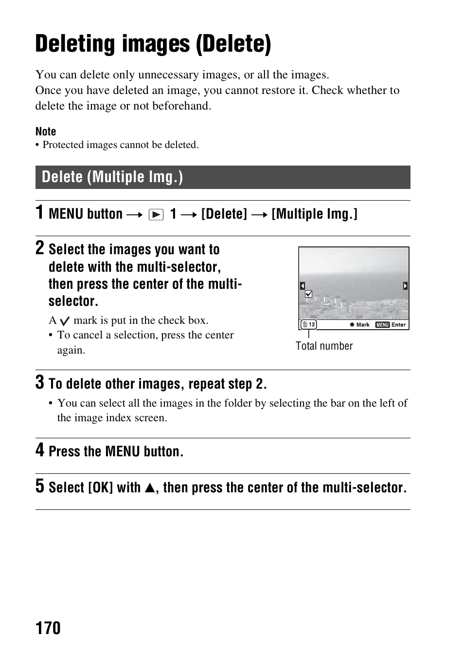 Deleting images (delete), Delete (multiple img.), Lete (170) | Sony SLT-A99V User Manual | Page 170 / 245