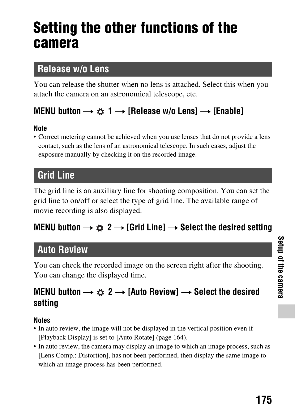 Setup of the camera, Setting the other functions of the camera, Release w/o lens | Grid line, Auto review, Release w/o lens grid line auto review, Ne (175) | Sony SLT-A99V User Manual | Page 175 / 245