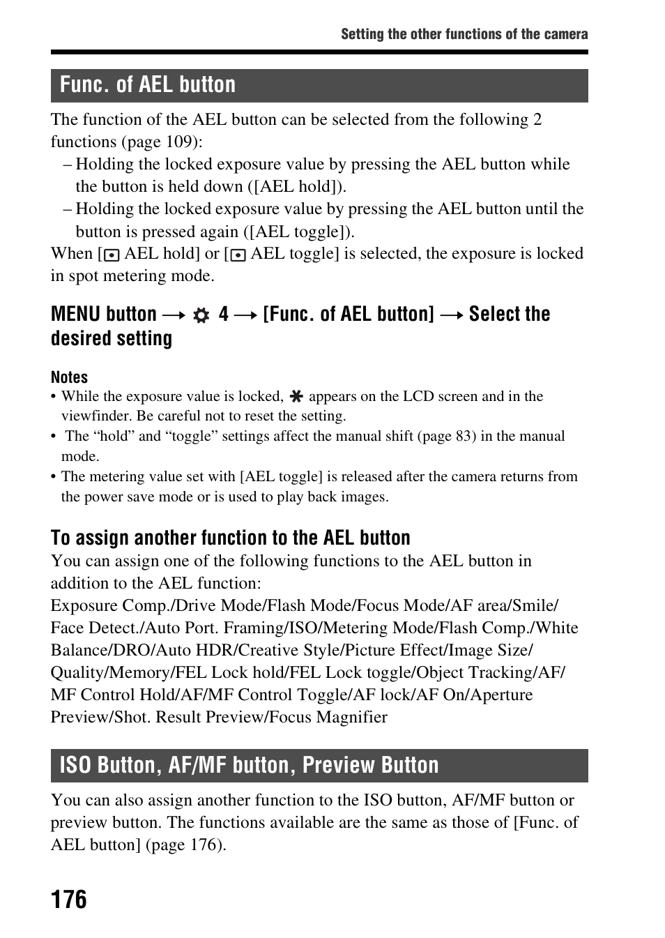 Func. of ael button, Iso button, af/mf button, preview button, N (176) | On (176) | Sony SLT-A99V User Manual | Page 176 / 245