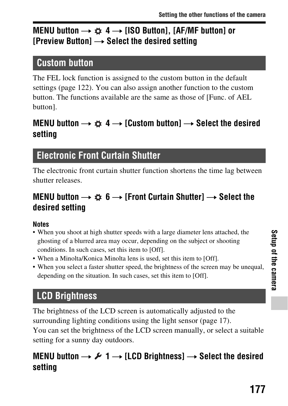 Custom button, Electronic front curtain shutter, Lcd brightness | Or (177), On (177), Ghtness (177) | Sony SLT-A99V User Manual | Page 177 / 245