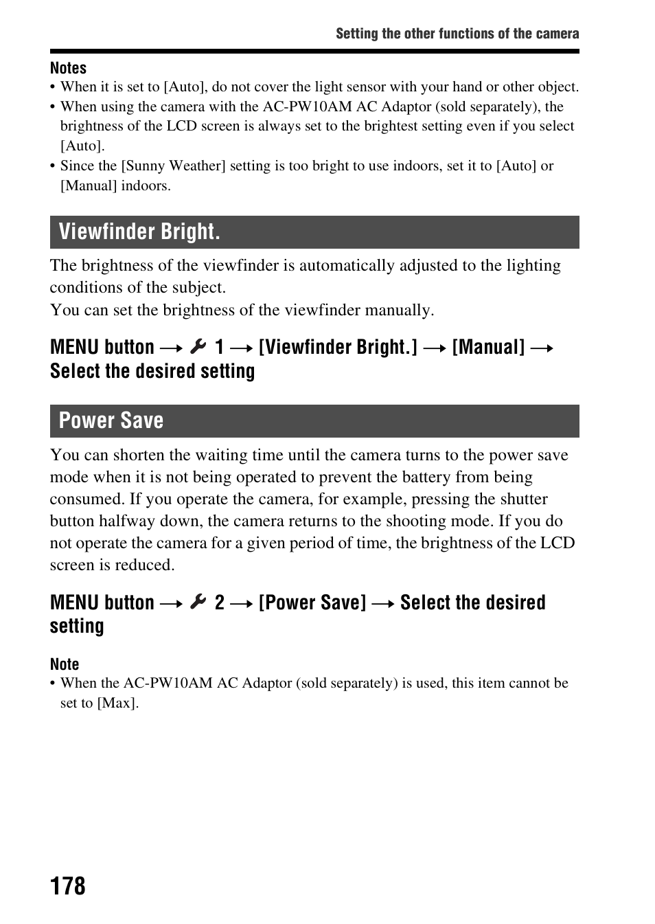 Viewfinder bright, Power save, Ave (178) | Viewfinder bright. power save | Sony SLT-A99V User Manual | Page 178 / 245