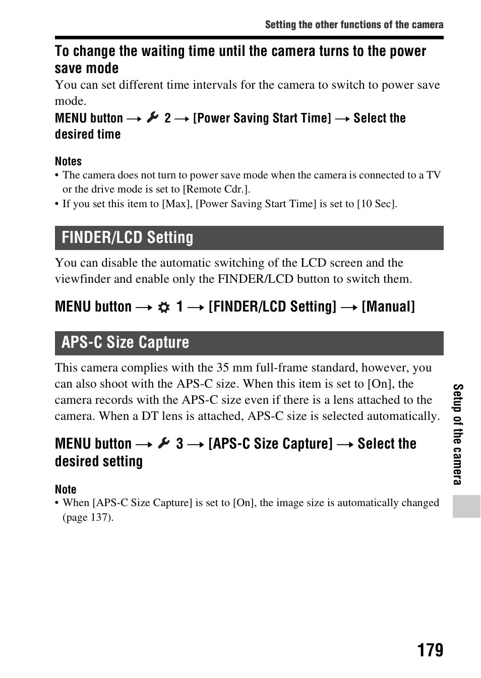 Finder/lcd setting, Aps-c size capture, Finder/lcd setting aps-c size capture | N (179), Ime (179) | Sony SLT-A99V User Manual | Page 179 / 245