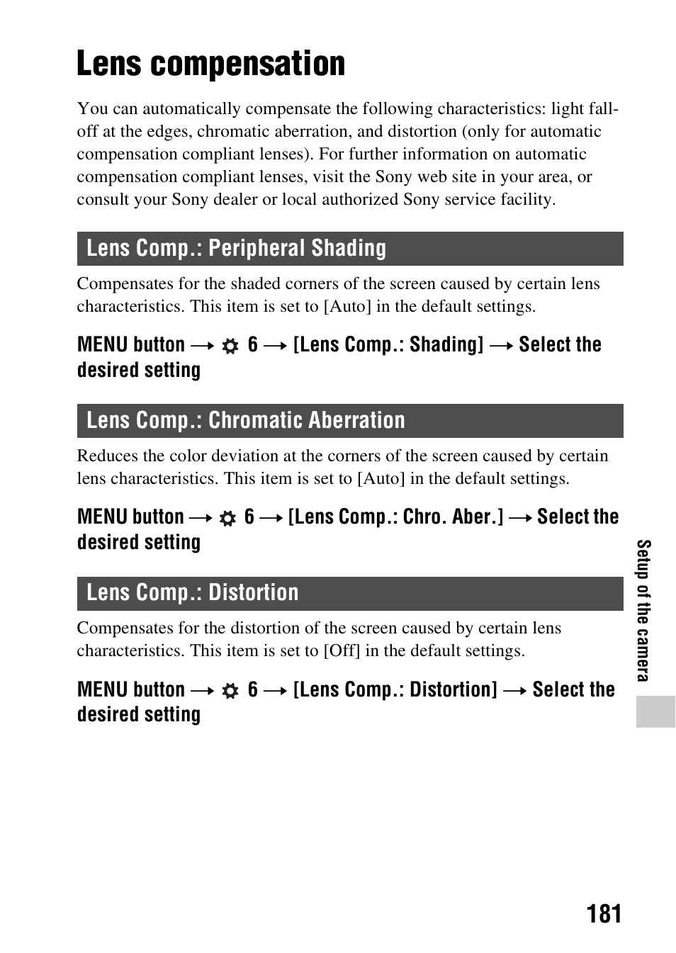 Lens compensation, Lens comp.: peripheral shading, Lens comp.: chromatic aberration | Lens comp.: distortion, R. (181), On (181) | Sony SLT-A99V User Manual | Page 181 / 245