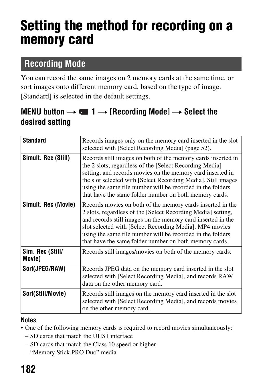 Setting the method for recording on a memory card, Recording mode | Sony SLT-A99V User Manual | Page 182 / 245