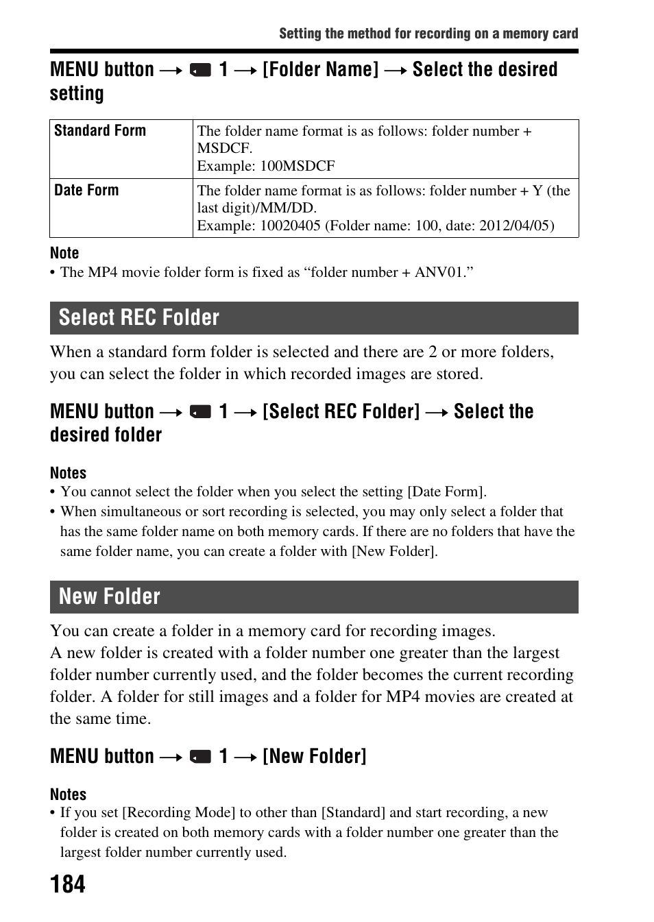 Select rec folder, New folder, Select rec folder new folder | Sony SLT-A99V User Manual | Page 184 / 245