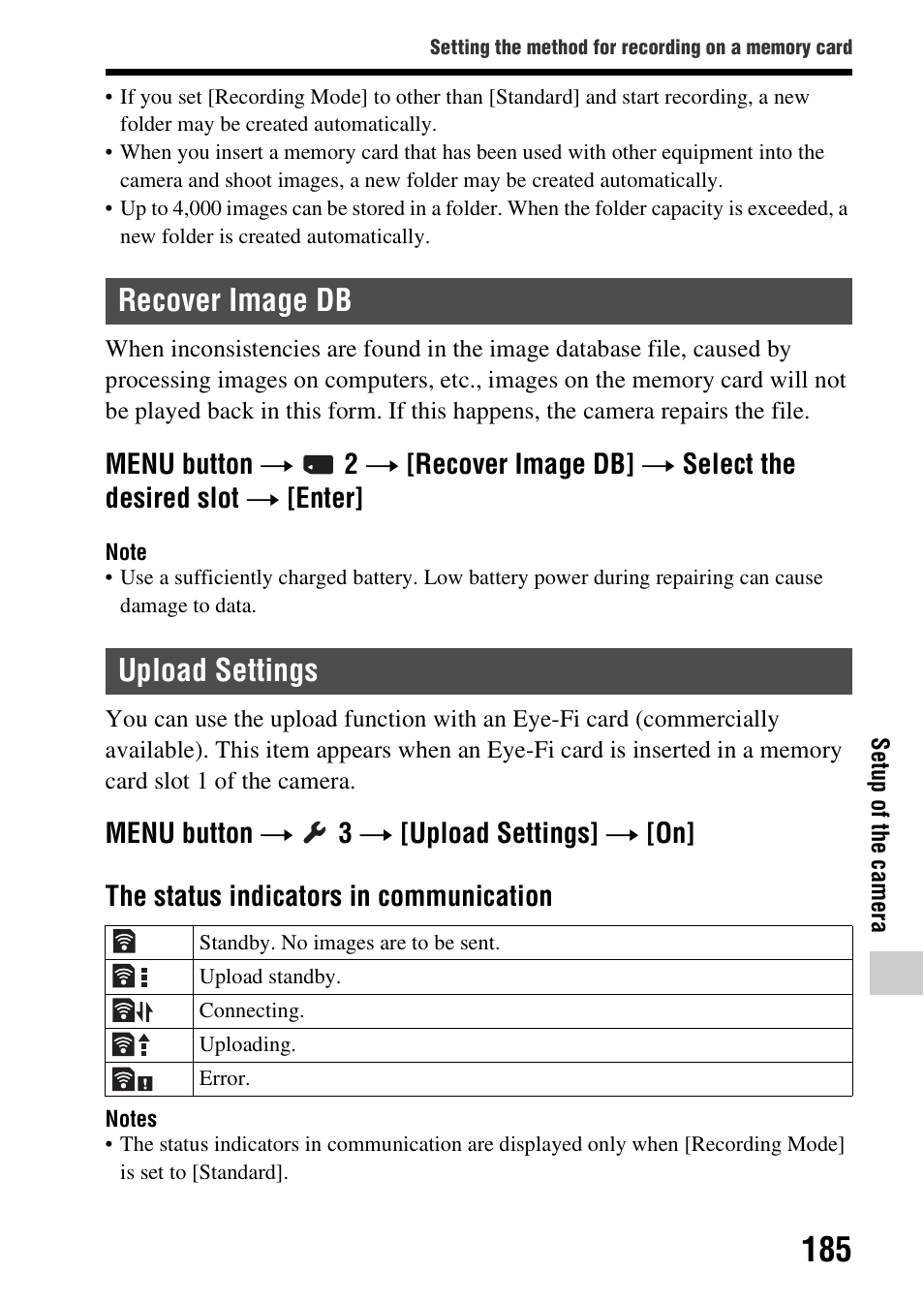 Recover image db, Upload settings, Recover image db upload settings | Pload (185) | Sony SLT-A99V User Manual | Page 185 / 245