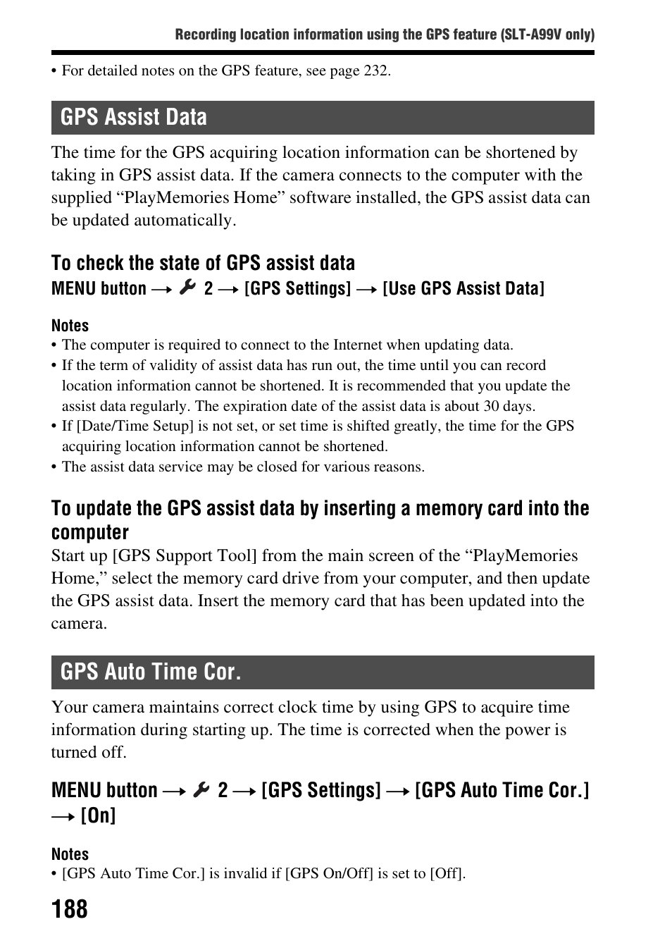 Gps assist data, Gps auto time cor, Gps assist data gps auto time cor | Sony SLT-A99V User Manual | Page 188 / 245